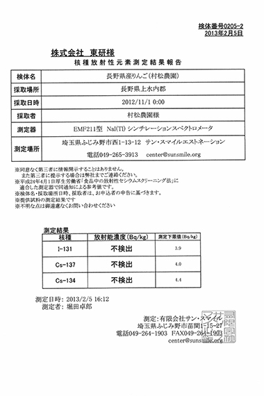 長野県産りんご 放射性物質検査結果